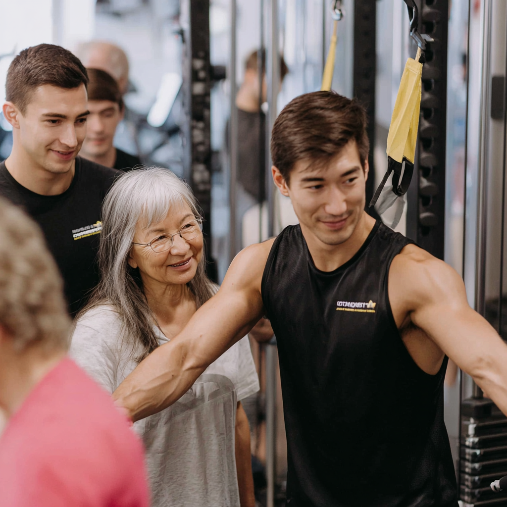 Smiling Kazakh adults of various ages doing fitness exercises together in a modern gym