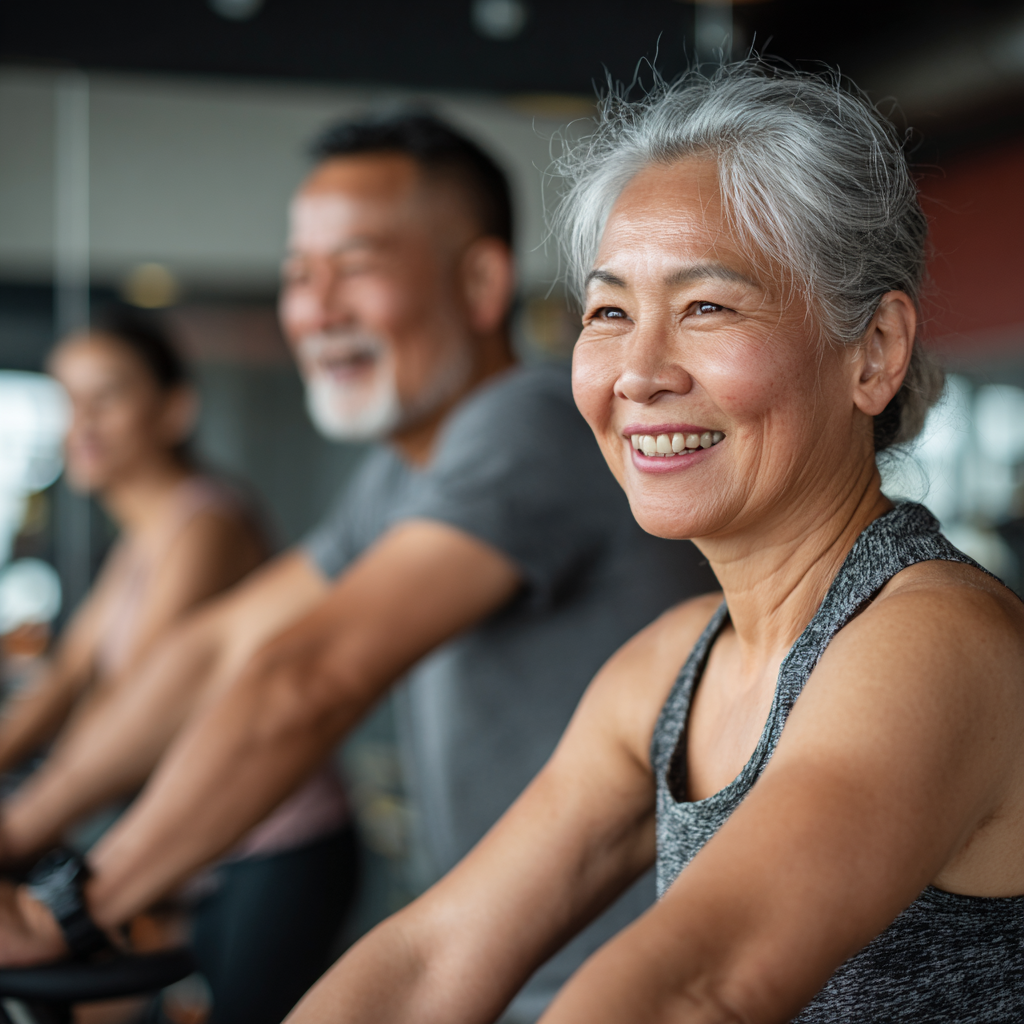 Group of smiling Kazakh adults of different ages celebrating fitness achievements in a supportive environment